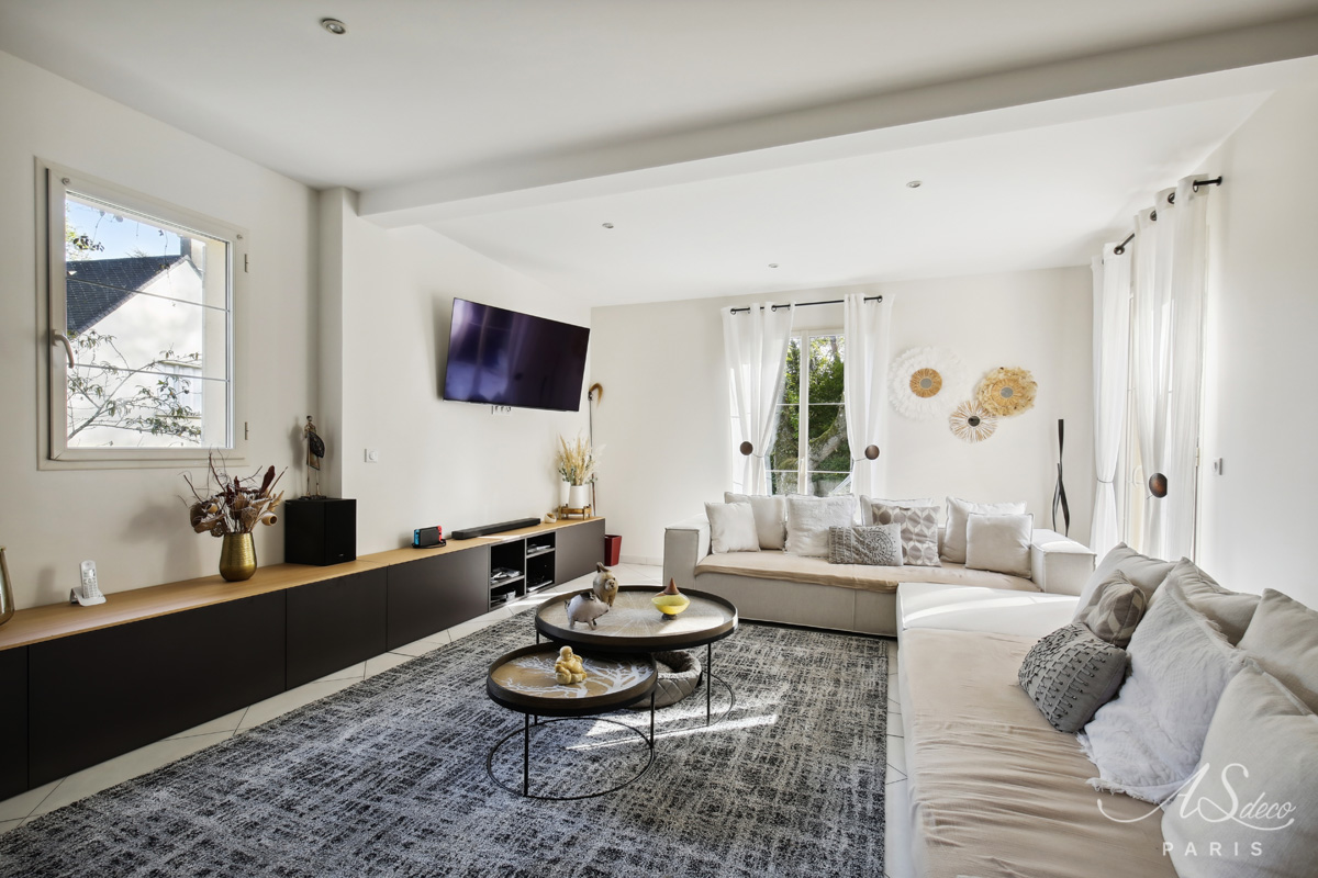 Decoration agencement boisemont val d oise salon cheminee meuble tv canape angle clair