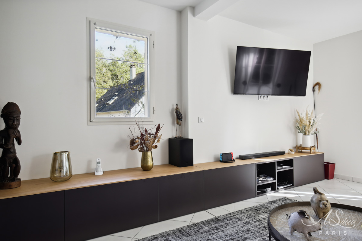 Decoration agencement boisemont val d oise salon cheminee meuble tv sur mesure niches ouvertes plan finition chene
