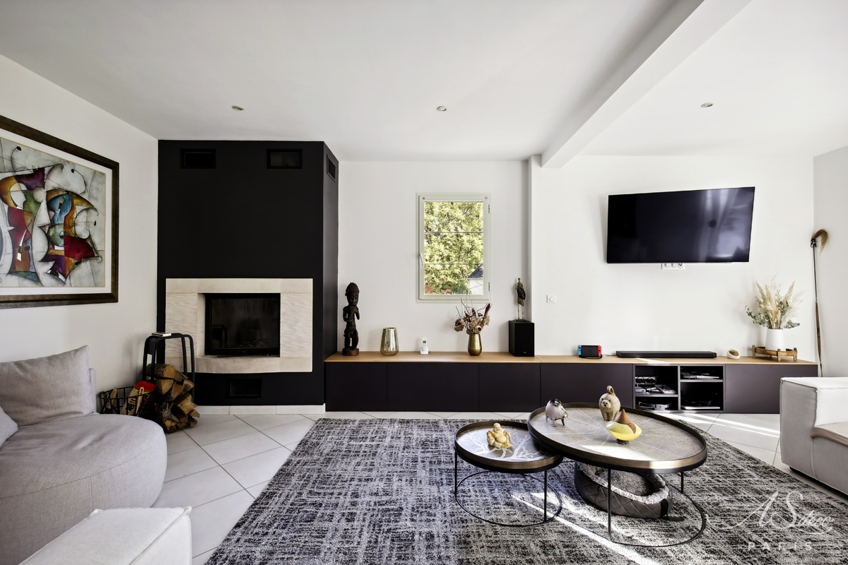 Decoration agencement boisemont val d oise salon cheminee meuble tv sur mesure