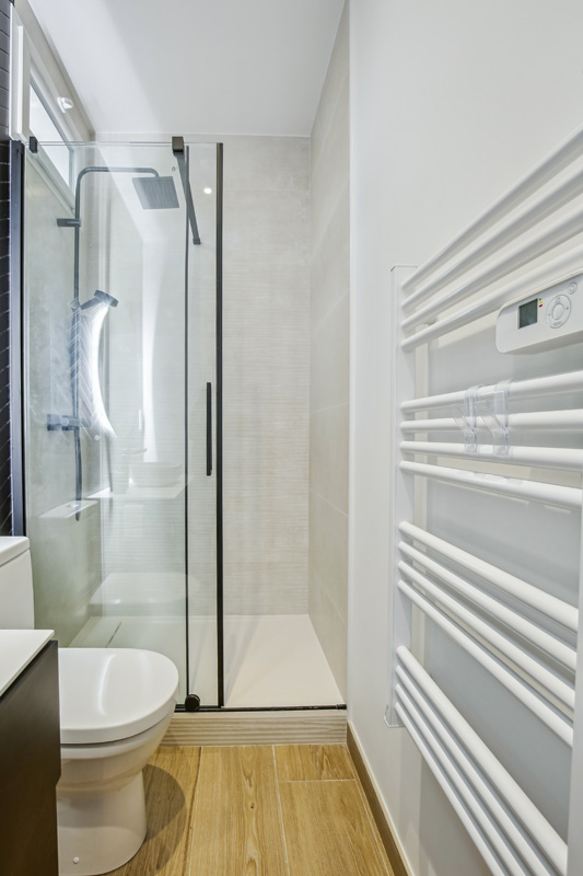 Renovation studio saint gratien salle de bains douche noir beige longueur