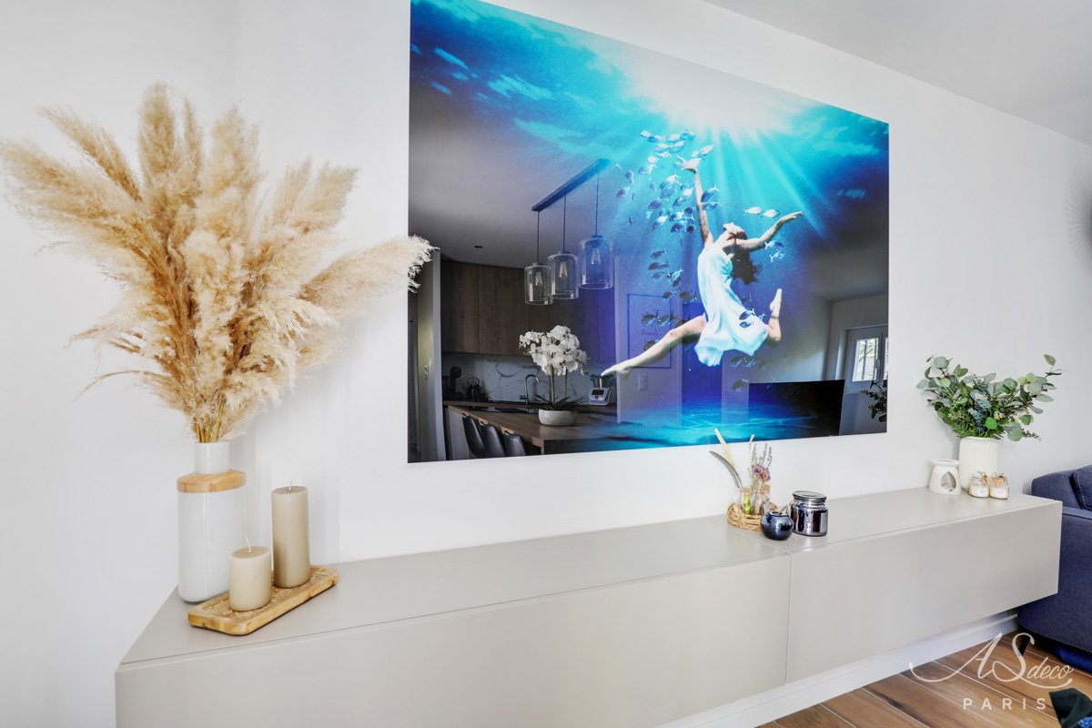 Renovation decoration maison le plessis bouchard sejour buffet suspendu tableau 1