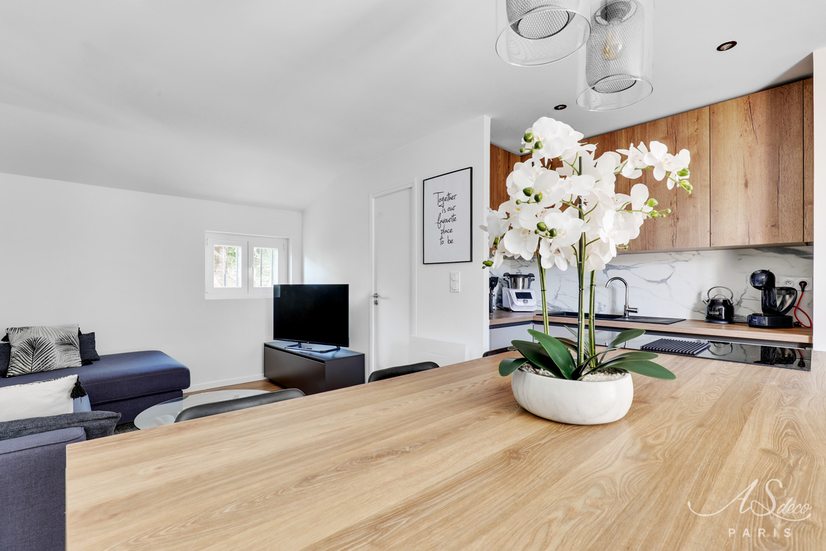Renovation decoration maison le plessis bouchard sejour cuisine ilot central bois 1