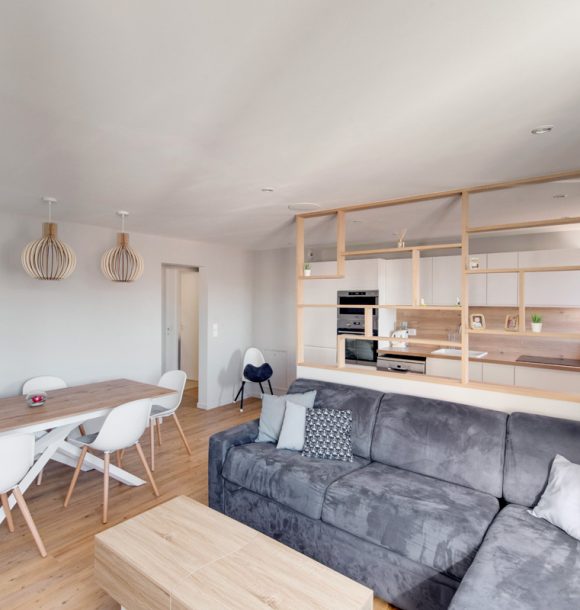 Renovation decoration appartement hauts de seine suresnes salon canape bleu claustra bois 1