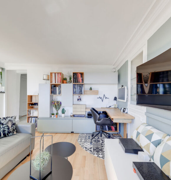 Decoration appartement paris abbesses bibliohteque bureau
