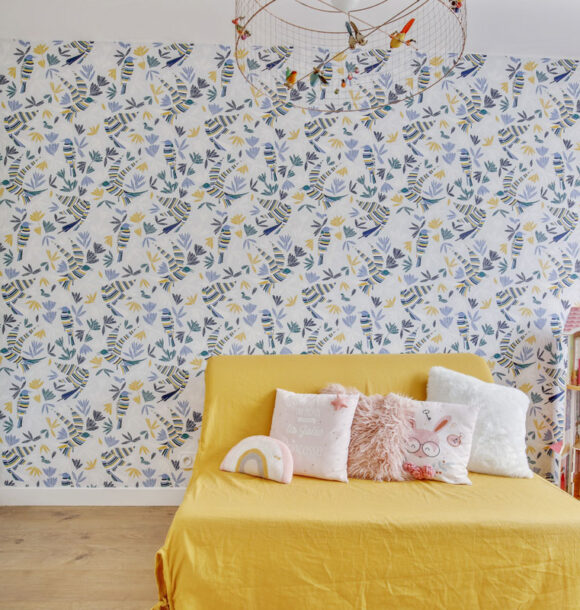 Decoration maison ermont chambre jaune papier peint oiseaux